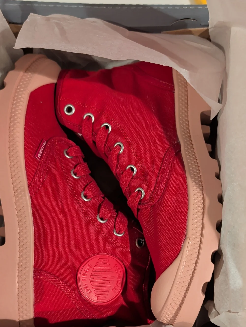 Palladium Red Canvas High-Top Sneakers with Pink-Tan Lug Sole